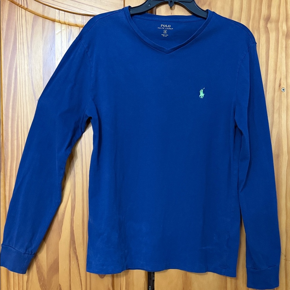 POLO RALPH LAUREN TEE-SHIRT MENS S BLUE LONG SLEEVE V-NECK CLASSIC GREEN LOGO